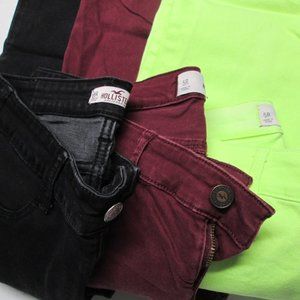 3 pair of Hollister Jeans, Size 5R, Black, Maroon, Yellow/Green> Great Condition